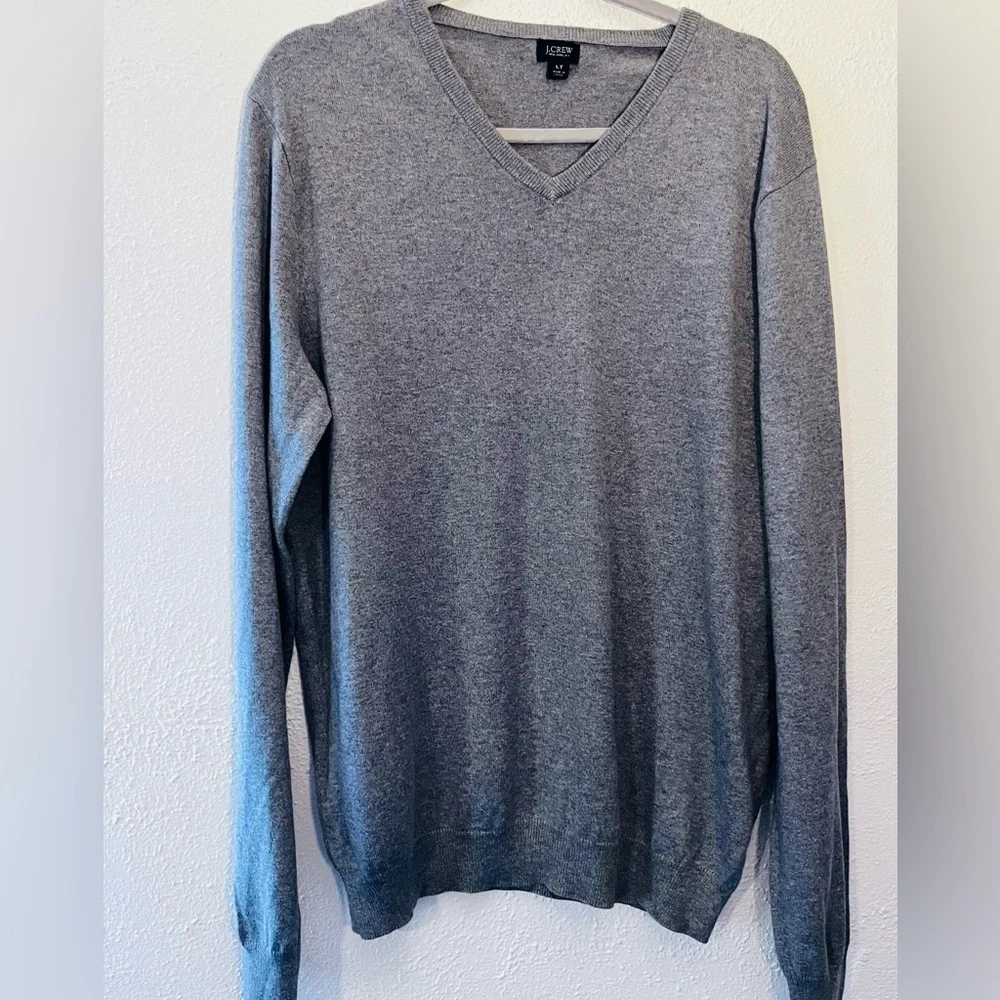J Crew  Mens  L Gray V Neck Long Sleeve Cotton Cashmere Blend Sweater Preppy